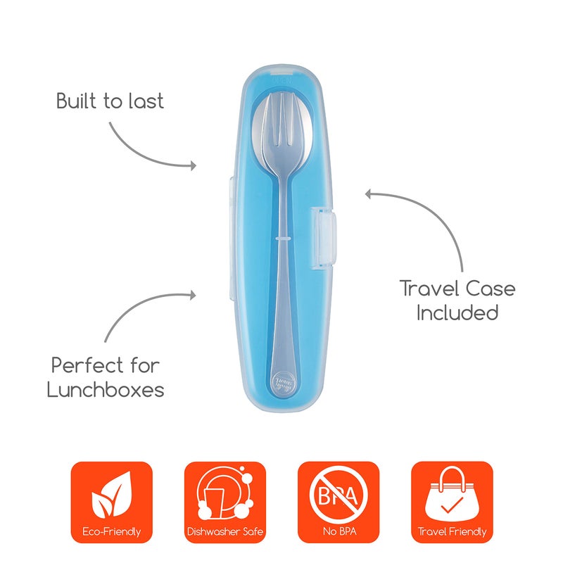 Innobaby Din Din Smart Stainless Steel Spoon and Fork with Carrying Case. Utensil Set for Kids and Toddlers. BPA Free. Blue. - Image 2